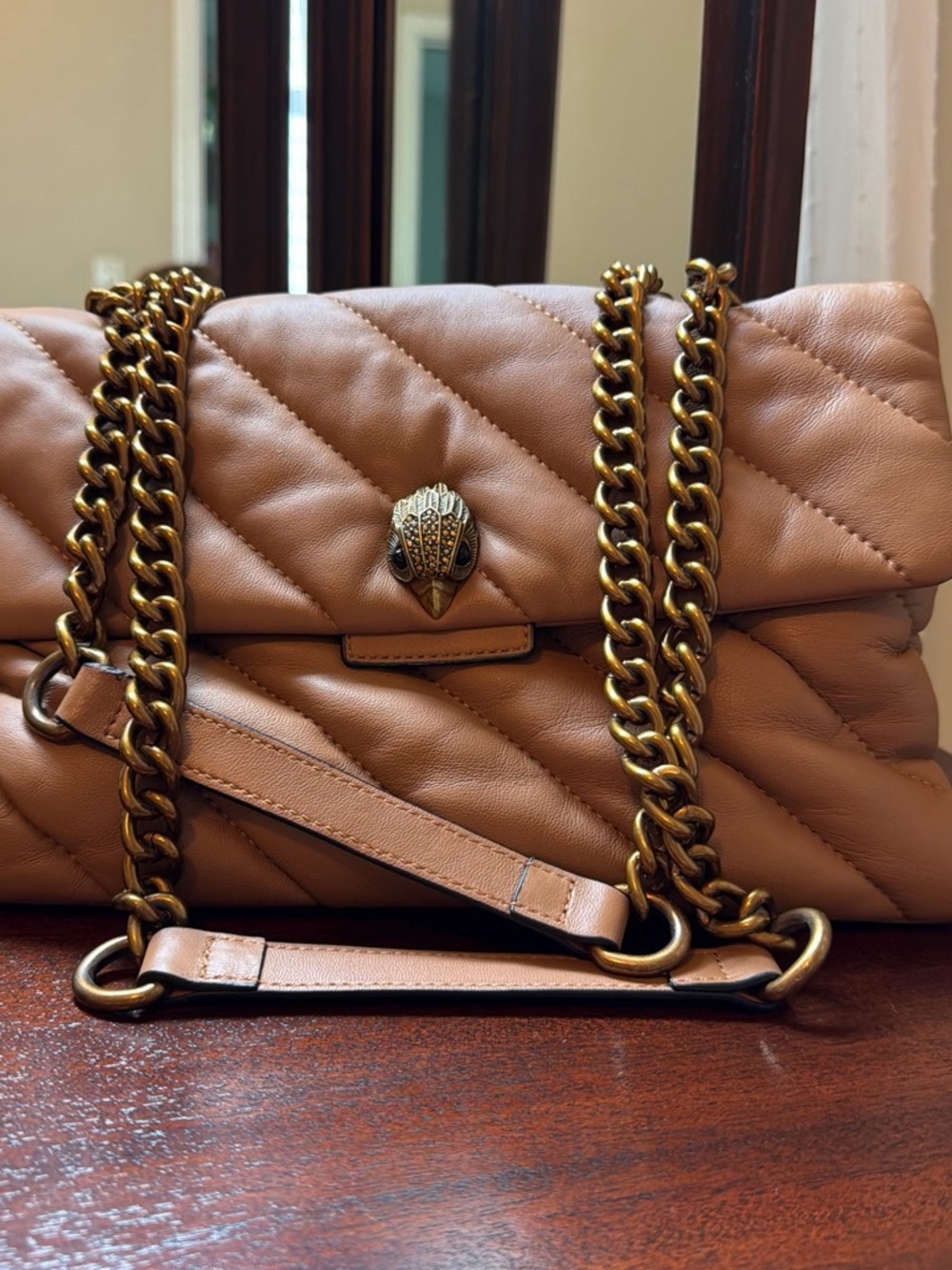 Kurt Geiger SOHO Quilted Tan Leather Shoulder Bag with Gold Chain